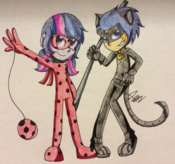 Size: 2605x2445 | Tagged: safe, artist:imtailsthefoxfan, flash sentry, twilight sparkle, equestria girls, g4, adrien agreste, becoming what you fear, bo staff, chat noir, clothes, costume, crossover, duo, duo female, female, grin, hand on hip, high res, irony, ladybug (miraculous ladybug), ladynoir, male, marinette dupain-cheng, mask, miraculous ladybug, outfit, ship:flashlight, shipping, smiling, staff, straight, traditional art, yo-yo