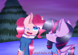 Size: 1400x1000 | Tagged: safe, artist:scootalightheartoc, pinkie pie, twilight sparkle, alicorn, earth pony, pony, g4, clothes, crossover, duo, ear fluff, female, jacket, mare, one eye closed, sans (undertale), sans pie, twilight friskle, twilight sparkle (alicorn), undertale, wink
