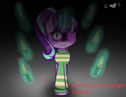 Size: 1300x1000 | Tagged: safe, artist:scootalightheartoc, starlight glimmer, pony, unicorn, g4, chara, ear fluff, female, gradient background, knife, levitation, looking at you, magic, mare, solo, telekinesis, undertale