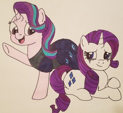 Size: 1604x1483 | Tagged: safe, artist:iffoundreturntorarity, rarity, starlight glimmer, pony, unicorn, g4, clothes, crying, dress, duo, makeup, mascara, mascarity, running makeup, traditional art