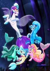 Size: 1600x2263 | Tagged: safe, artist:jucamovi1992, princess skystar, queen novo, oc, oc:aglaope, oc:piscis, oc:radne, mermaid, merpony, pony, seapony (g4), g4, my little pony: the movie, artwork, crown, cute, digital art, dorsal fin, eyelashes, female, fin wings, fins, fish tail, glowing, jewelry, looking at each other, looking at someone, mermaid tail, mother and child, mother and daughter, movie, ocean, regalia, seaquestria, smiling, swimming, tail, underwater, water, wide eyes, wings