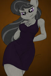 Size: 1656x2494 | Tagged: safe, artist:zemer, octavia melody, earth pony, anthro, black dress, breasts, busty octavia melody, cheek fluff, chest fluff, cleavage, clothes, colored, dress, ear fluff, elbow fluff, female, hand behind back, hand on chest, large voluminous hair, little black dress, looking at you, shoulder fluff, smiling, solo, traditional art