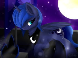 Size: 4000x3000 | Tagged: safe, artist:kigupony, princess luna, alicorn, pony, g4, female, missing accessory, moon, night, raised hoof, s1 luna, smiling, solo