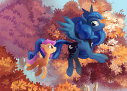 Size: 3021x2160 | Tagged: dead source, safe, artist:tivy, princess luna, scootaloo, alicorn, pegasus, pony, g4, autumn, duo, flying, forest, high res, missing accessory, painting, scootaloo can fly, scootalove, smiling, spread wings, tree, wings