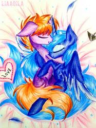 Size: 809x1080 | Tagged: safe, artist:liaaqila, princess luna, oc, oc:wave function, alicorn, pony, unicorn, g4, canon x oc, cuddling, cute, eyes closed, female, male, mare, snuggling, straight, traditional art