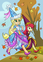 Size: 1756x2554 | Tagged: safe, artist:art-2u, apple bloom, applejack, human, equestria girls, for whom the sweetie belle toils, g4, look before you sleep, apple sisters, autumn, beautiful, clothes, commission, costume, dress, duo, duo female, ear piercing, earring, exhausted, female, flower, flower in hair, froufrou glittery lacy outfit, frown, gloves, gown, grin, hat, hennin, high heels, high res, jewelry, leaves, necklace, open mouth, out of character, panting, piercing, princess, princess apple bloom, princess applejack, princess costume, racing, running, shoes, siblings, sisters, smiling, tree