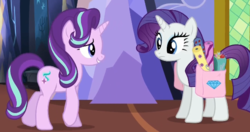 Size: 568x299 | Tagged: safe, screencap, rarity, starlight glimmer, pony, unicorn, every little thing she does, g4, cropped, duo, fabric, saddle bag