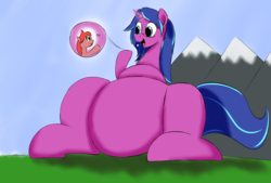 Size: 3496x2362 | Tagged: safe, artist:taurson, oc, oc only, oc:cee biscuit, oc:tea biscuit, earth pony, pony, unicorn, chubby, eating, fetish, giant pony, heart, high res, macro, magic, oc x oc, shipping, sitting, telekinesis