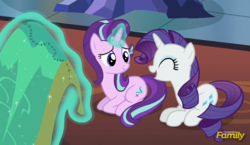 Size: 673x389 | Tagged: safe, screencap, rarity, starlight glimmer, pony, every little thing she does, g4, cropped, duo