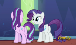 Size: 462x275 | Tagged: safe, screencap, rarity, starlight glimmer, pony, every little thing she does, g4, butt, cropped, discovery family logo, duo, glimmer glutes, plot, rearity