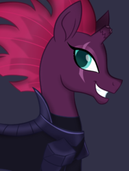 Size: 535x711 | Tagged: dead source, safe, artist:wubcakeva, tempest shadow, pony, unicorn, g4, my little pony: the movie, broken horn, concave belly, eye scar, female, grin, horn, mare, scar, side view, simple background, slender, smiling, smirk, solo, teeth, thin, when she smiles