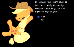 Size: 842x535 | Tagged: safe, applejack, earth pony, pony, g4, black background, continue, female, game over, knocked out, mother series, parody, rpg, simple background, solo, undertale, video game