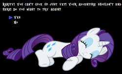Size: 875x533 | Tagged: safe, rarity, pony, g4, black background, continue, female, game over, knocked out, mother series, parody, rpg, simple background, solo, undertale, video game