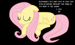 Size: 1125x675 | Tagged: safe, fluttershy, pony, g4, black background, continue, female, game over, knocked out, mother series, parody, rpg, simple background, solo, undertale, video game