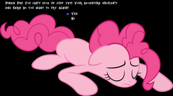 Size: 1296x721 | Tagged: safe, pinkie pie, earth pony, pony, g4, black background, continue, female, game over, knocked out, mother series, parody, rpg, simple background, solo, undertale, video game