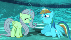 Size: 1920x1080 | Tagged: safe, alternate version, artist:sb1991, fluttershy, rainbow dash, pony, g4, blushing, flutteryay, irl, photo, ponies in real life, screaming, swimming pool, underwater