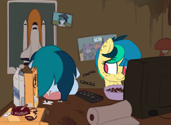 Size: 1280x936 | Tagged: safe, artist:shinodage, oc, oc only, oc:apogee, oc:delta vee, pegasus, pony, ash, ashtray, boop o' roops, bowl, box, cereal, cigarette, clothes, delta vee's junkyard, desk lamp, duo, ear freckles, female, food, freckles, mare, milk, no pupils, paper towels, poster, remote, shirt, single panel, television