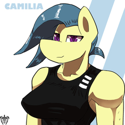 Size: 2000x2000 | Tagged: safe, artist:mopyr, oc, oc only, oc:camilia, anthro, abstract background, bust, clothes, colored pupils, high res, purple eyes, solo, tank top