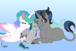 Size: 1024x693 | Tagged: safe, artist:colourstrike, king sombra, princess celestia, oc, oc:light breeze, alicorn, pony, g4, alicorn oc, blank flank, colored ears, colored hooves, colored wings, colored wingtips, commission, daddy sombra, family, father and child, father and daughter, female, filly, good king sombra, happy family, horn, leonine tail, lidded eyes, male, momlestia, mother and child, mother and daughter, nuzzling, offspring, parent:king sombra, parent:princess celestia, parents:celestibra, ship:celestibra, shipping, smiling, straight, unshorn fetlocks, wings