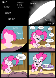 Size: 696x965 | Tagged: safe, artist:metal-kitty, pinkie pie, twilight sparkle, pony, comic:mlp project, g4, bed, blanket, comic, descriptive noise, first person view, horse noises, hospital, offscreen character, pain, pinkie being pinkie, pov, simple background, waking up, window