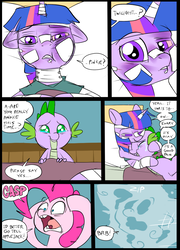 Size: 696x965 | Tagged: safe, artist:metal-kitty, pinkie pie, spike, twilight sparkle, dragon, pony, comic:mlp project, g4, bandage, bed, blanket, comic, crying, first person view, hospital, offscreen character, pain, pov, simple background, tears of joy, teary eyes, waking up, window