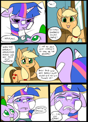 Size: 696x965 | Tagged: safe, artist:metal-kitty, applejack, spike, twilight sparkle, dragon, pony, comic:mlp project, g4, bandage, bed, blanket, comic, crying, depressing, hospital, pain, pillow, sad, simple background, window