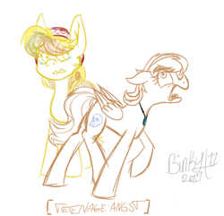 Size: 1494x1441 | Tagged: safe, artist:binkyt11, derpibooru exclusive, daring do, oc, pegasus, pony, g4, alternate hairstyle, angry, angst, crying, descriptive noise, eyebrows, female, gem, jewelry, lip bite, mare, medibang paint, mother and daughter, necklace, parent:daring do, sad, signature, simple background, sketch, teenager, turquoise (gemstone), white background