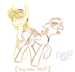 Size: 1494x1441 | Tagged: safe, artist:binkyt11, derpibooru exclusive, daring do, oc, pegasus, pony, g4, alternate hairstyle, angry, angst, crying, descriptive noise, eyebrows, female, gem, jewelry, lip bite, mare, medibang paint, mother and daughter, necklace, parent:daring do, sad, signature, simple background, sketch, teenager, turquoise (gem), white background