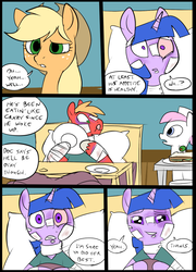 Size: 696x965 | Tagged: safe, artist:metal-kitty, applejack, big macintosh, nurse redheart, twilight sparkle, pony, comic:mlp project, g4, bandage, bed, blanket, comic, eating, female, food, happy, hat, hospital, male, pain, pillow, plate, sandwich, ship:twimac, shipping, simple background, straight, window