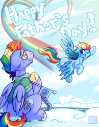 Size: 875x1125 | Tagged: safe, artist:ruef, bow hothoof, rainbow dash, pony, g4, cheek fluff, crying, cute, duo, father and daughter, father's day, female, flying, heart, male, mare, multicolored hair, pennant, smiling, stallion, tears of joy, wholesome