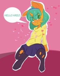 Size: 1280x1600 | Tagged: safe, artist:sketchbox, snails, pony, g4, aeroshell, alternate hairstyle, bipedal, canon x oc, clothes, crossdressing, cute, glitter shell, hairband, headband, heart, hoodie, implied gay, looking at you, male, offscreen character, ripped stockings, shipping, skirt, smiling, smirk, solo, speech bubble, stockings, sweater, thigh highs, trap