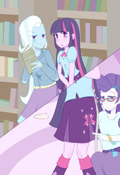 Size: 2370x3444 | Tagged: safe, artist:yuck, rarity, trixie, twilight sparkle, human, equestria girls, g4, :t, blushing, book, clothes, colored pupils, female, glasses, high res, lesbian, library, measuring tape, rarity's glasses, ship:rarilight, ship:twixie, shipping, simple background, trio