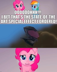 Size: 1906x2400 | Tagged: safe, edit, edited screencap, screencap, pinkie pie, rainbow dash, pony, g4, my little pony: the movie, conspicuous cg, discussion in the comments, forth wall, image macro, meme, storm king's ship
