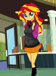 Size: 1816x2456 | Tagged: safe, artist:philelmago, sunset shimmer, equestria girls, g4, canterlot high, clothes, cute, female, legs, library, moe, skirt, socks, solo, sweater vest