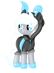 Size: 2048x2732 | Tagged: safe, artist:prismaticstars, oc, oc only, oc:silver stream, earth pony, pony, bunny ears, clothes, costume, dangerous mission outfit, female, freckles, high res, hoodie, mare, simple background, solo, transparent background