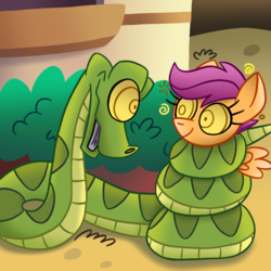 Size: 768x768 | Tagged: safe, artist:snakeythingy, idw, scootaloo, pony, snake, g4, spoiler:comic16, coils, commission, crossover, cute, cutealoo, hypnosis, icon, imminent vore, kaa, kaa eyes, mind control, peril, redraw, scene interpretation, smiling, the jungle book