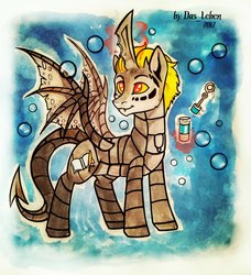 Size: 1971x2160 | Tagged: safe, artist:das_leben, oc, oc only, demon pony, pony, bubble, fangs, magic, smiling, solo, telekinesis, traditional art, wings