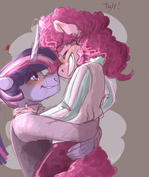 Size: 2000x2380 | Tagged: safe, artist:maxiima, pinkie pie, twilight sparkle, anthro, g4, blushing, clothes, female, happy, high res, hug, lesbian, ship:twinkie, shipping