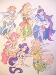Size: 800x1067 | Tagged: safe, artist:spacergirl003, artist:spacergirl1003, applejack, fluttershy, pinkie pie, rainbow dash, rarity, twilight sparkle, fairy, human, g4, clothes, dress, fairies, fairies are magic, fairy wings, gala dress, humanized, mane six, peace sign, pony coloring, rayman, rayman origins, style emulation, traditional art, winged humanization, wings