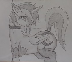 Size: 2280x1972 | Tagged: safe, artist:teardrop, oc, oc only, oc:skarlet angel, alicorn, pony, vampire, vampony, ass up, bedroom eyes, butt, choker, clothes, cute, dock, ear piercing, earring, fangs, female, flank, jewelry, large butt, mare, monochrome, paper, pencil, pencil drawing, piercing, plot, plump, scar, sexy, skimpy, skimpy outfit, smiling, smirk, socks, solo, tail ring, teasing, traditional art