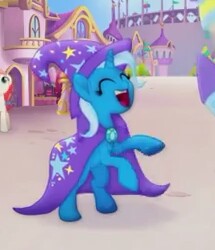 Size: 215x250 | Tagged: safe, screencap, dawn sunrays, trixie, earth pony, pony, unicorn, g4, my little pony: the movie, background pony, bipedal, canterlot, cape, clothes, cropped, cute, diatrixes, eyes closed, female, happy, hat, mare, offscreen character, rearing, trixie's cape, trixie's hat