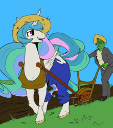 Size: 3264x3700 | Tagged: safe, artist:violise, editor:totallynotanoob, princess celestia, oc, oc:anon, alicorn, pony, g4, /mlp/, 4chan, butt, clothes, colored, drawthread, duo, farm, frown, hat, high res, horses doing horse things, labor, labour, looking back, overalls, pants, plot, plow, shirt, smiling, straw hat, tack, the ass was fat, working