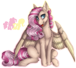 Size: 1387x1248 | Tagged: safe, artist:littlesugarcute, fluttershy, pinkie pie, oc, pegasus, pony, g4, female, fusion, heart eyes, mare, ship:flutterpie, simple background, sitting, solo, tongue out, transparent background, wingding eyes