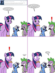 Size: 1204x1604 | Tagged: safe, artist:dekomaru, spike, twilight sparkle, oc, oc:nebula, dragon, pony, tumblr:ask twixie, g4, animated at source, ask, baby, baby pony, colt, exclamation point, fake moustache, magical lesbian spawn, male, offspring, parent:trixie, parent:twilight sparkle, parents:twixie, tumblr