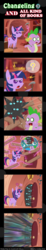 Size: 600x3263 | Tagged: safe, artist:vavacung, spike, twilight sparkle, changeling, dragon, monster pony, comic:changeling and all kind of books, g4, angry, comic, cross-popping veins, door, golden oaks library, hammer, magic, pictogram, pointy ponies, question mark, twilight sparkle is not amused, unamused, wood