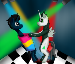 Size: 1024x878 | Tagged: safe, artist:milliedot7, oc, oc only, oc:tounicoon, changeling, hybrid, anatomically incorrect, changeling oc, dance floor, dancing, flag, pansexual, pansexual pride flag, pride, pride flag