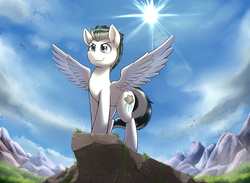 Size: 3575x2615 | Tagged: safe, artist:otakuap, oc, oc only, pegasus, pony, high res, male, mountain, mountain range, smiling, solo, spread wings, stallion, wings