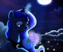 Size: 1753x1476 | Tagged: dead source, safe, artist:kaylemi, princess luna, alicorn, pony, g4, cloud, female, glowing horn, horn, lavender, lidded eyes, magic, mare, moon, night, solo, stars, telekinesis, that pony sure does love lavender