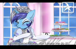 Size: 3200x2092 | Tagged: safe, artist:avchonline, minuette, unicorn, semi-anthro, g4, arm hooves, ballerina, bipedal, black bars, bow, breasts, canterlot royal ballet academy, clothes, cookie, dress, engrish, female, food, frilly dress, gloves, hair bow, high res, jewelry, lace, letterboxing, long gloves, macaron, makeup, mare, poofy shoulders, puffy sleeves, ribbon, solo, tiara, tutu