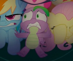 Size: 472x395 | Tagged: safe, screencap, fluttershy, rainbow dash, spike, dragon, pegasus, pony, g4, my little pony: the movie, cropped, hooves on face, offscreen character